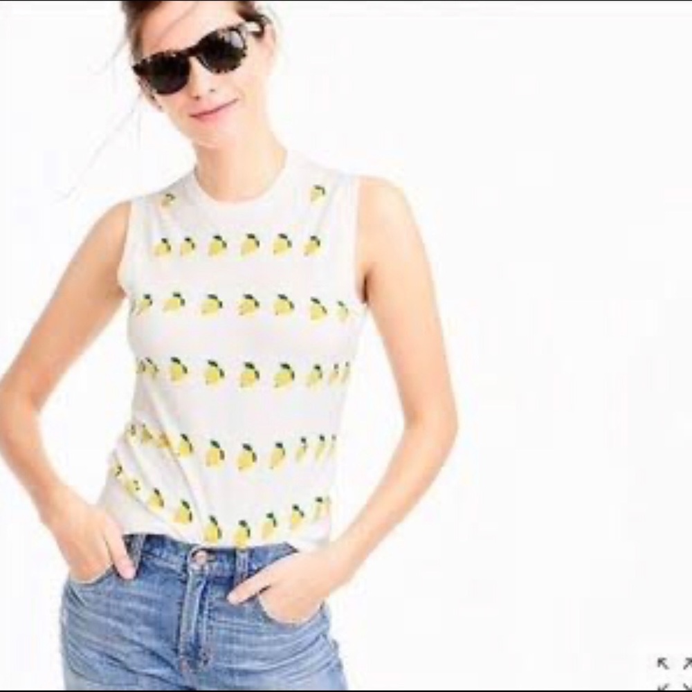 J. Crew White Sleeveless Crewneck Sweater with Yellow Lemon Print